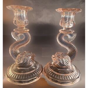 Vintage Pair Pink Glass‎ Candlesticks Koi Fish Design Collectible Rare